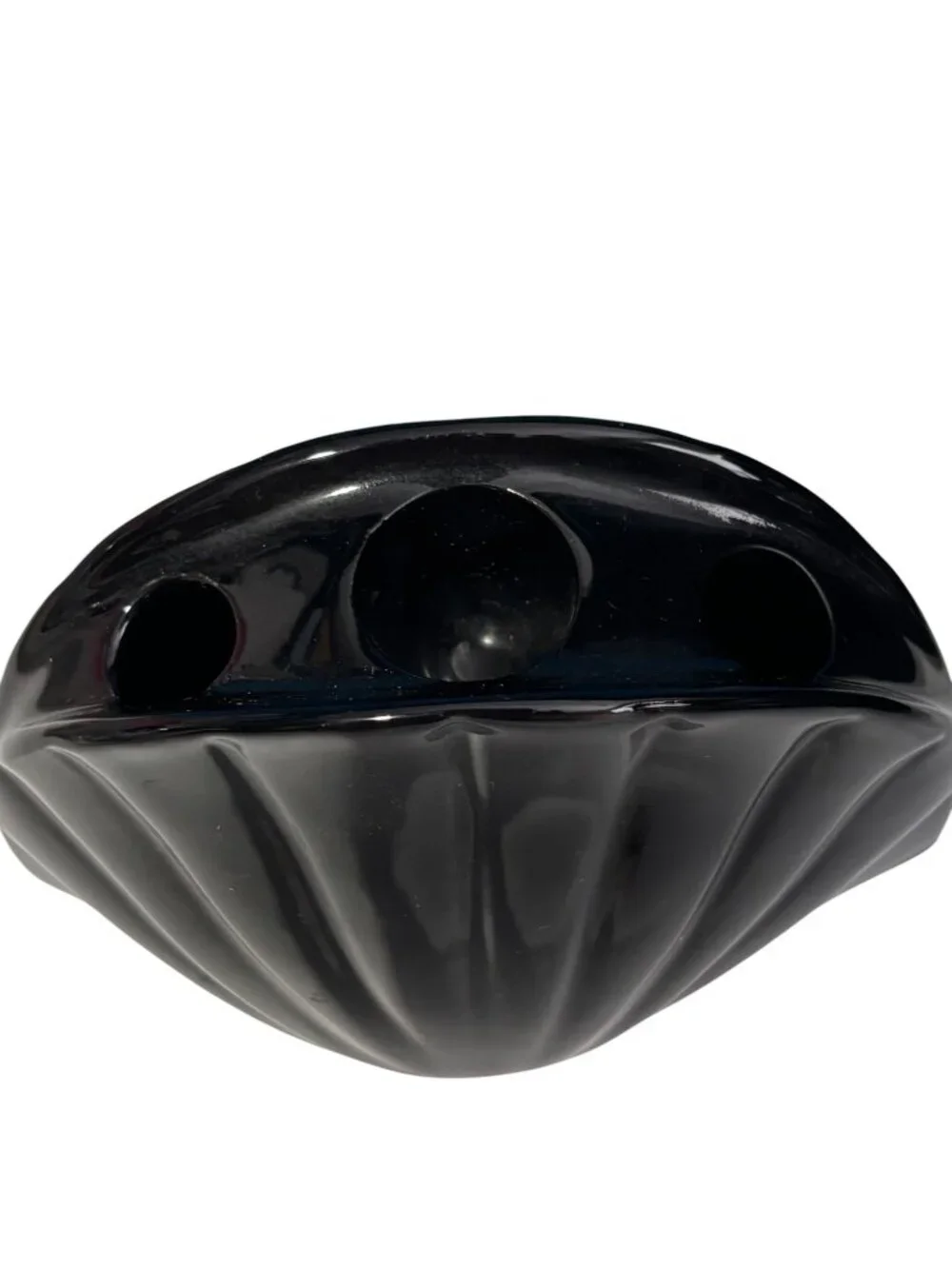 Vintage 80's Black Ceramic Clam Shell-Shaped Toothbrush Holder